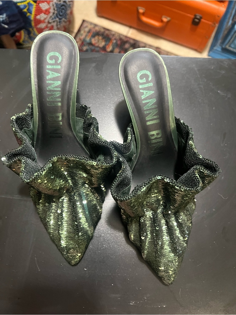 Gianni Bini Women's Green Sequin Ruffle Pointed Mules